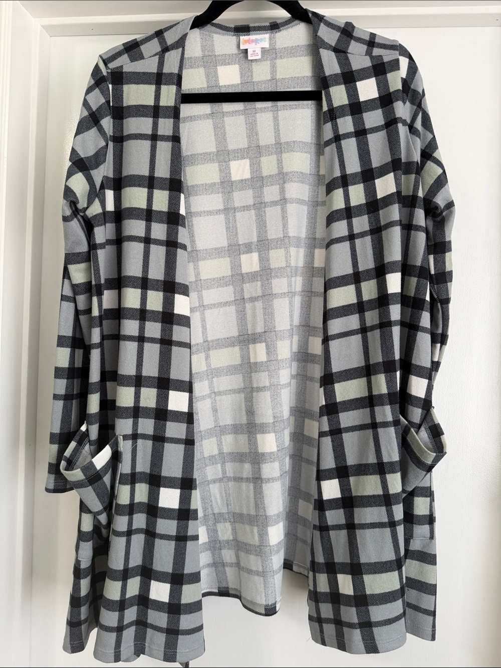 LuLaRoe Caroline Light Gray Plaid Open-Front Cardigan Sweater Medium M